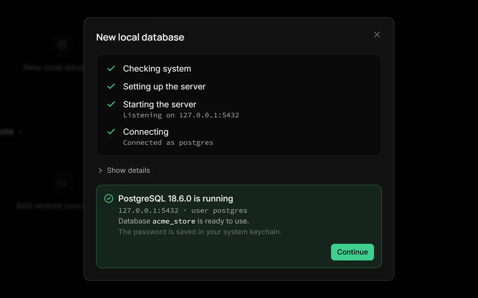 A new local PostgreSQL 18 server finishing setup